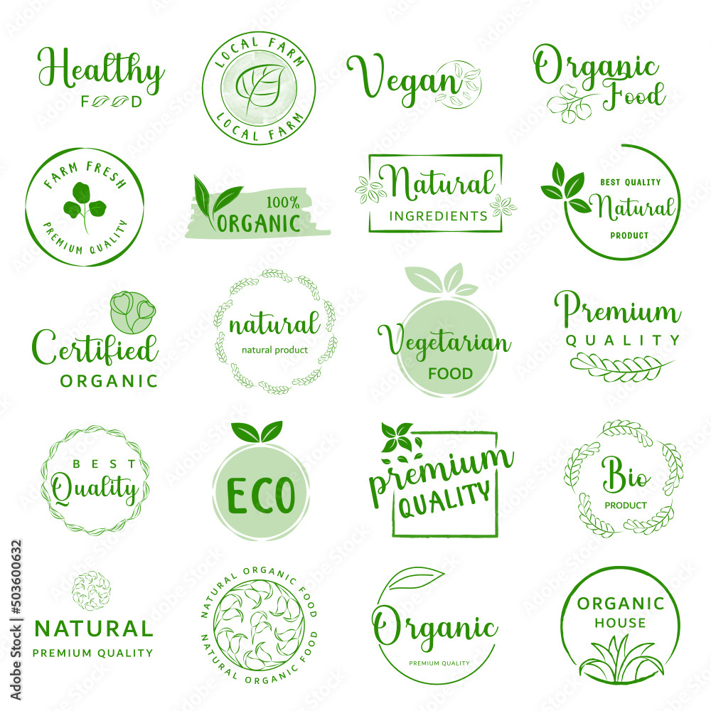 Organic food, natural food, healthy food and organic or natural product logos, icon, badges and stickers collection for food and drink market, ecommerce, organic products, natural products promotion.