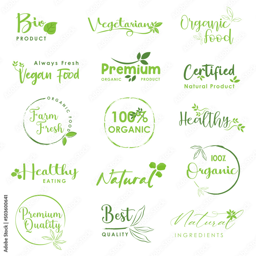 Organic food, natural product and healthy life labels and badges collection for food market, organic products, natural product promotion and premium quality for food and drink.
