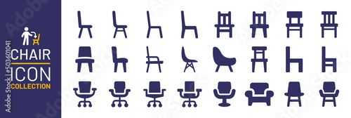 Chair icon collection. Office chair, armchair and sofa icon isolated on white background.