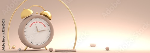 Finance management concept. Alarm clock with crowd funding text. 3D render