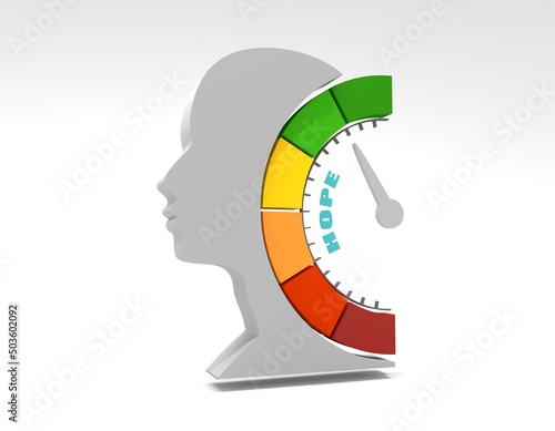 Hope measuring device with arrow and scale. Human head silhouette. 3D render