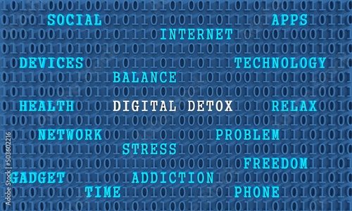Digital detox concept. Words cloud inside machine code. 3D render
