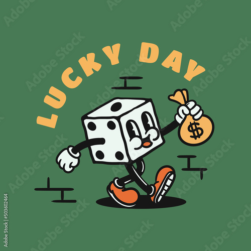 dice character illustration carrying a money bag