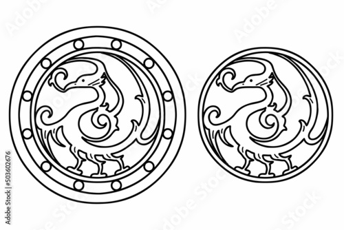 Samjogo emblems. Samjogo  means a three-legged crow in Korean mythology. Vector line art illustrations.