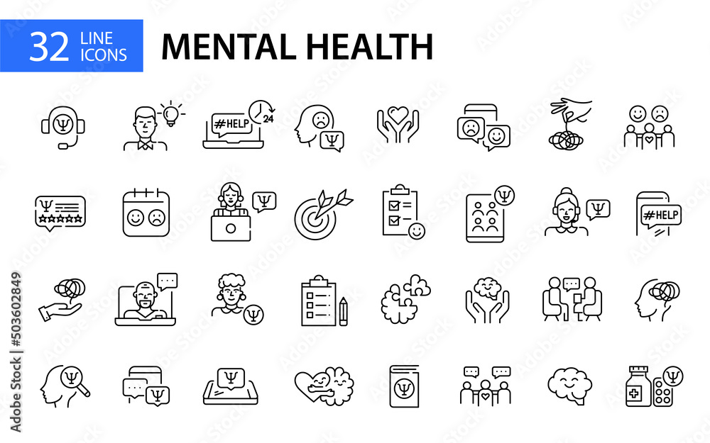 32 mental health and psychotherapy icons. Pixel perfect, editable stroke line art icon