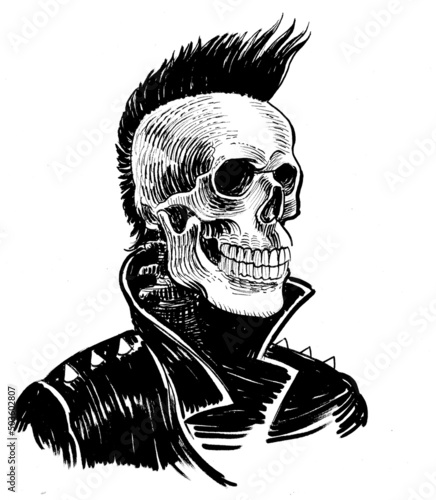 Dead punk in leather jacket. Ink black and white drawing