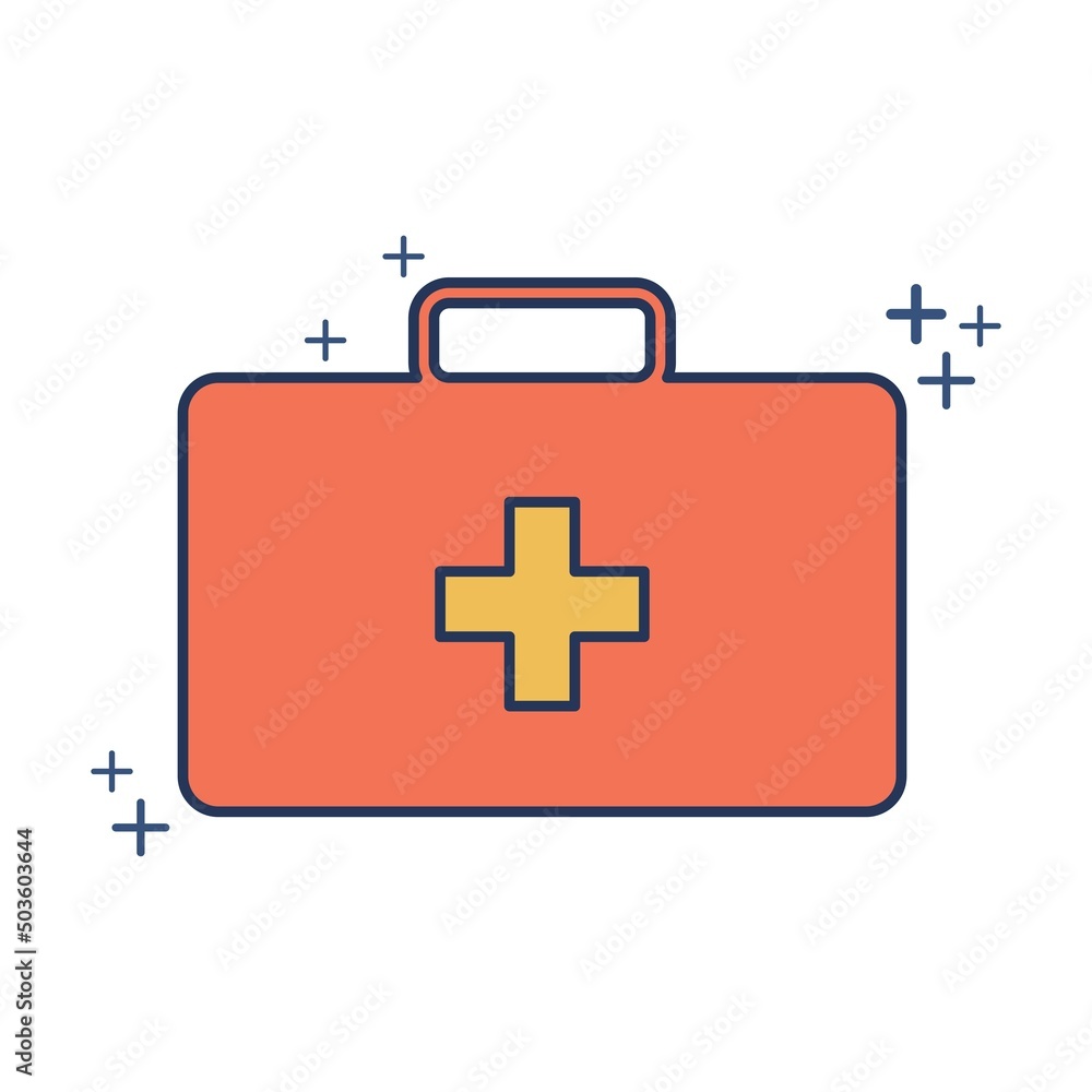 Obraz premium First aid kit icon vector illustration glyph style design with color and plus sign. Isolated on white background.