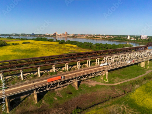 Drone view of the Memphis Arkansas Memorial Bridge, Frisco Bridge and Harahan Bridge on Interstate 55 crossing the Mississippi River From Arkansas to Tennessee.