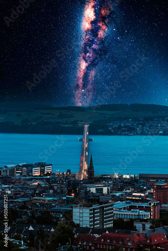 Scenic view of the Milky Way galaxy over the city of Dundee, Scotland, UK
