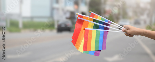 Rainbow flags showing in hand beside the main road to inform and present to all drivers and passengers to support and respcet the genger diversity, human rights and to celebrate lgbtq+ in pride month.