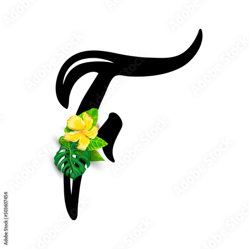 Hand drawn letter F with tropical leaves and flower isolated on white background. Vector illustration.