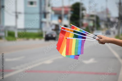 Rainbow flags showing in hand beside the main road to inform and present to all drivers and passengers to support and respcet the genger diversity, human rights and to celebrate lgbtq+ in pride month.