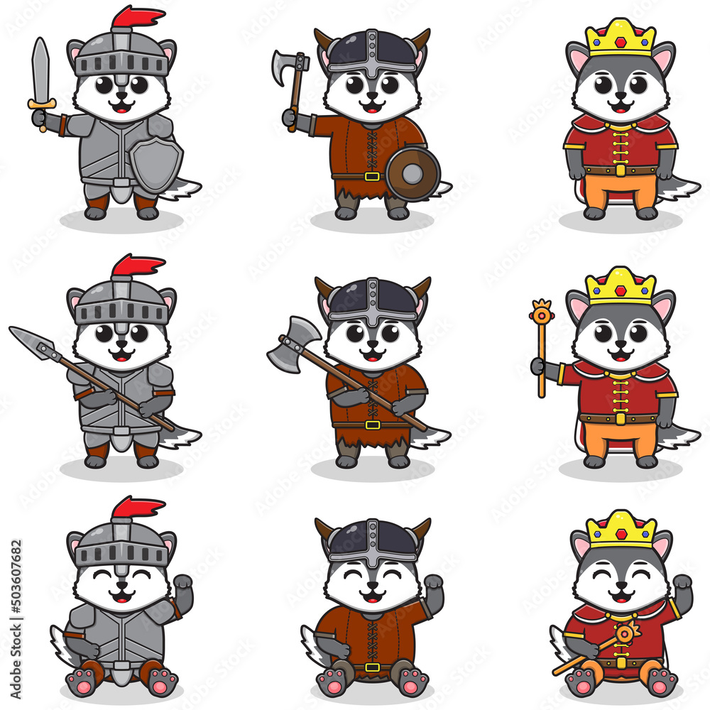 Vector illustrations of Wolf characters in various medieval outfits. King, viking and knight costume. Vector illustration bundle