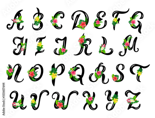 Hand drawn capital letters with tropical leaves and flowers. Latin alphabet letters.Vector illustration isolated on white background.