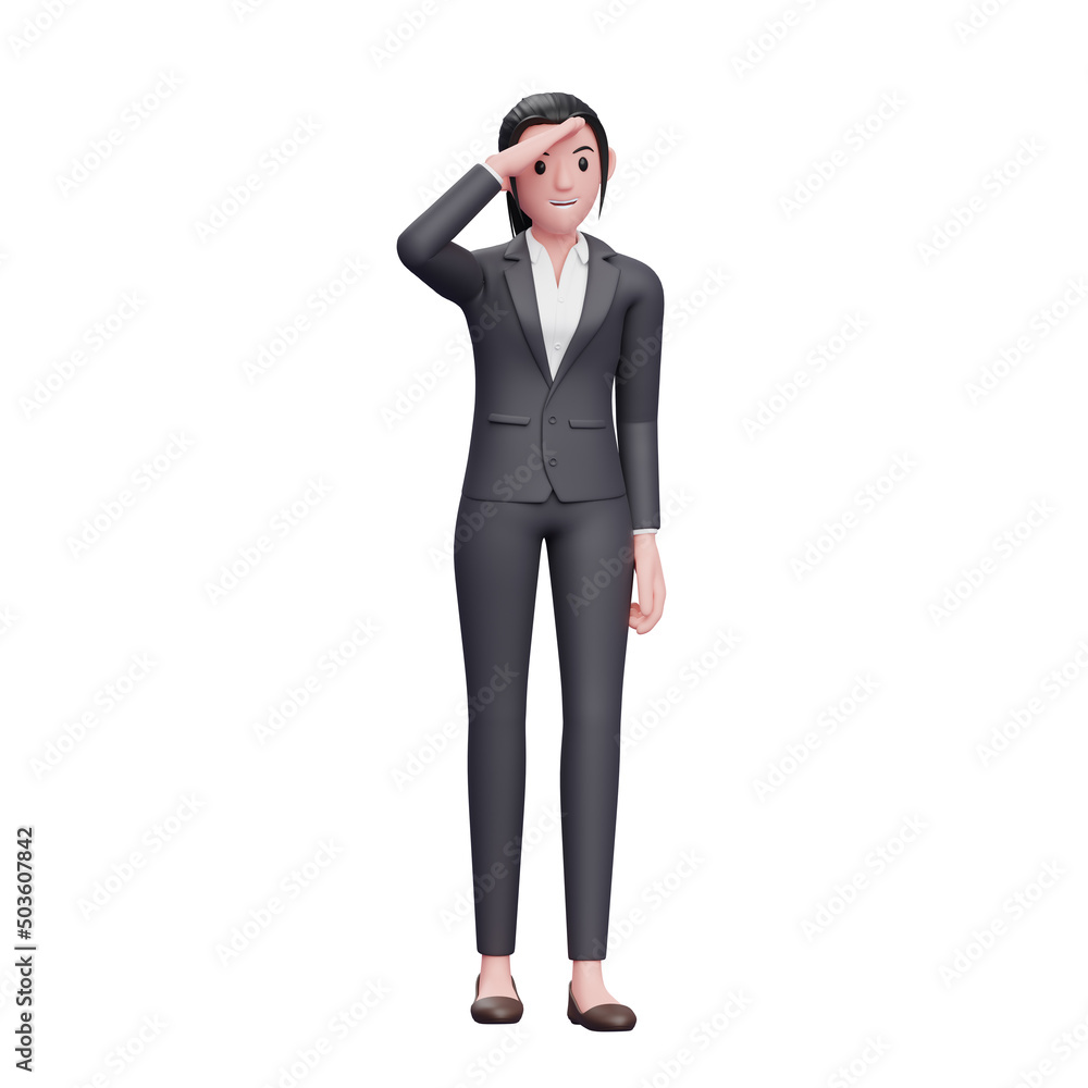 woman with work suit looking far away, 3D render business woman character illustration woman with work suit looking far away, 3D render business woman character illustration