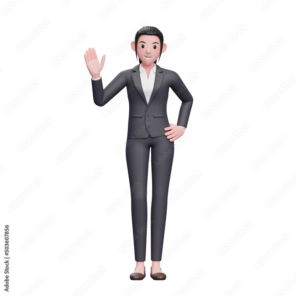 girl wearing formal clothes waving hand saying Hi, 3D render business woman character illustration girl wearing formal clothes waving hand saying Hi, 3D render business woman character illustration