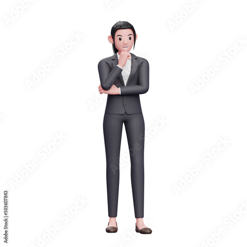 3d Business woman thinking with fist on chin, 3D render business woman character illustration