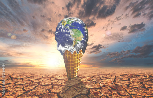The concept of global warming and environmental change. Melting world on ice cream cone