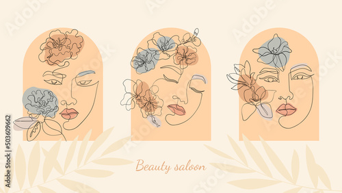 Triptych for beauty salon three female faces line art. Boho style arch windows and mysticism