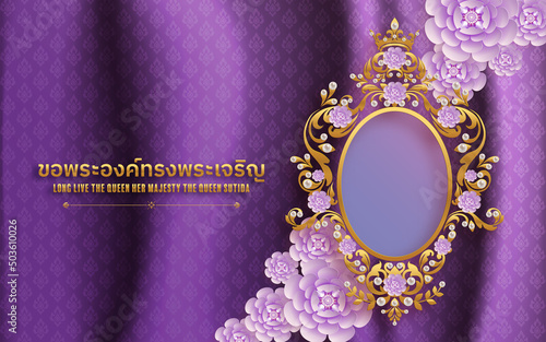 H.M. Queen Suthida Bajrasudhabimalalakshana's Birthday. long live the queen. Queen of thailand with craft style on background.( Thai translation : long live the queen )