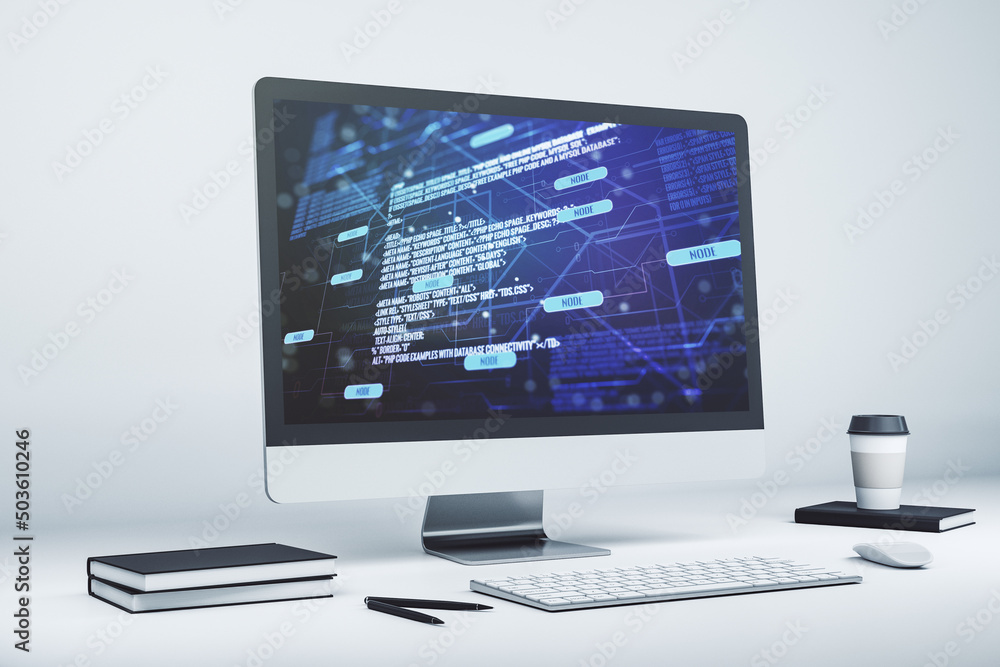 Modern computer screen with abstract creative coding sketch, artificial intelligence and neural networks concept. 3D Rendering Modern computer screen with abstract creative coding sketch, artificial intelligence and neural networks concept. 3D Rendering