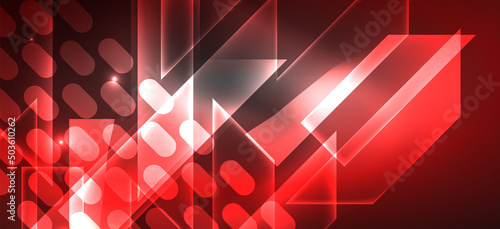 Background wallpaper neon glowing lines and geometric shapes. Dark wallpaper for concept of AI technology, blockchain, communication, 5G, science, business and technology