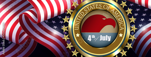 Composition of the American flag, the national symbol of the USA, a round golden badge
