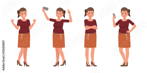 Set of working woman wear red shirts color character vector design. Presentation in various action. People working in office planning  thinking and economic analysis.