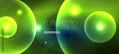 Shiny neon geometric abstract background. Glowing lights on round shapes, triangles and circles. Wallpaper for concept of AI technology, blockchain, communication, 5G, science, business