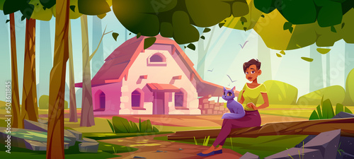 Woman with cat relax on summer nature landscape with stone house on forest lawn. Cartoon female character with pet enjoying outdoor recreation at meadow with countryside cottage, Vector illustration