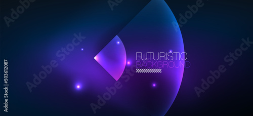 Shiny neon geometric abstract background. Glowing lights on round shapes, triangles and circles. Wallpaper for concept of AI technology, blockchain, communication, 5G, science, business