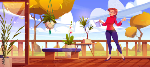 Woman waters plants on house terrace in autumn. Vector cartoon illustration of wooden patio with flowers,houseplants in pots, girl with watering can and view to backyard with orange trees