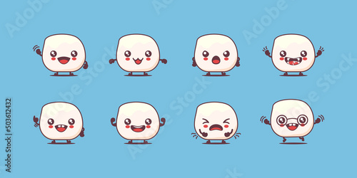 mochi cartoon. japanese food vector illustration. with different faces and expressions
