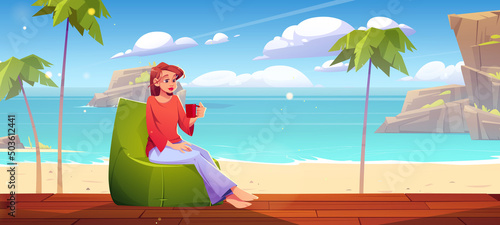 Girl rest on bungalow wooden porch on sand sea beach. Vector cartoon illustration of summer tropical landscape with palm trees, mountains in water and house terrace with girl in chair