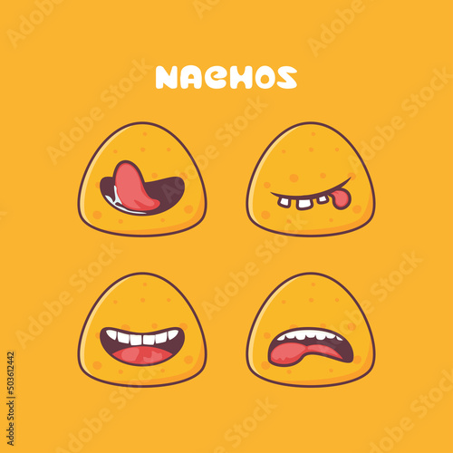 nachos chips cartoon. mexican food vector illustration. with different mouth expressions