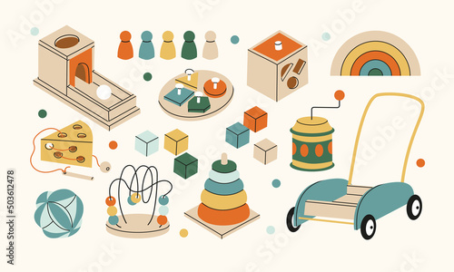 Set of various wooden and metal Montessori toys. Component of the development of education in kindergarten, at home. Game for children to develop finger motility, logic, learning colors. Vector