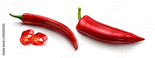 Red chili pepper, hot spicy plant pod, paprika cayenne with green stem vector realistic illustration isolated on white background. Chopped ripe vegetable with shadow