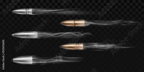 Fired bullets with smoke traces isolated on transparent background. Vector realistic set of 3d metal and brass bullets different calibers with motion effect of shot from weapon, revolver or pistol