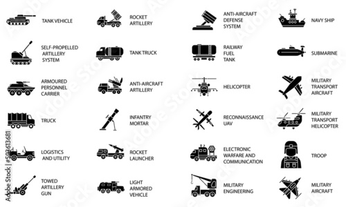 set of 24 outline army web icons. military vehicles, planes and boats.