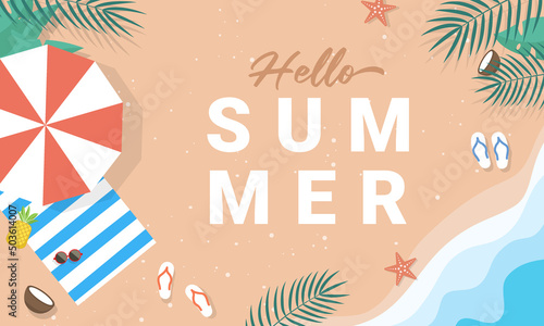 Hello summer with beach umbrellas and sea waves