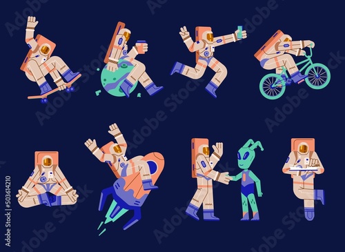 Astronauts or cosmonauts fancy characters set flat vector illustration isolated.