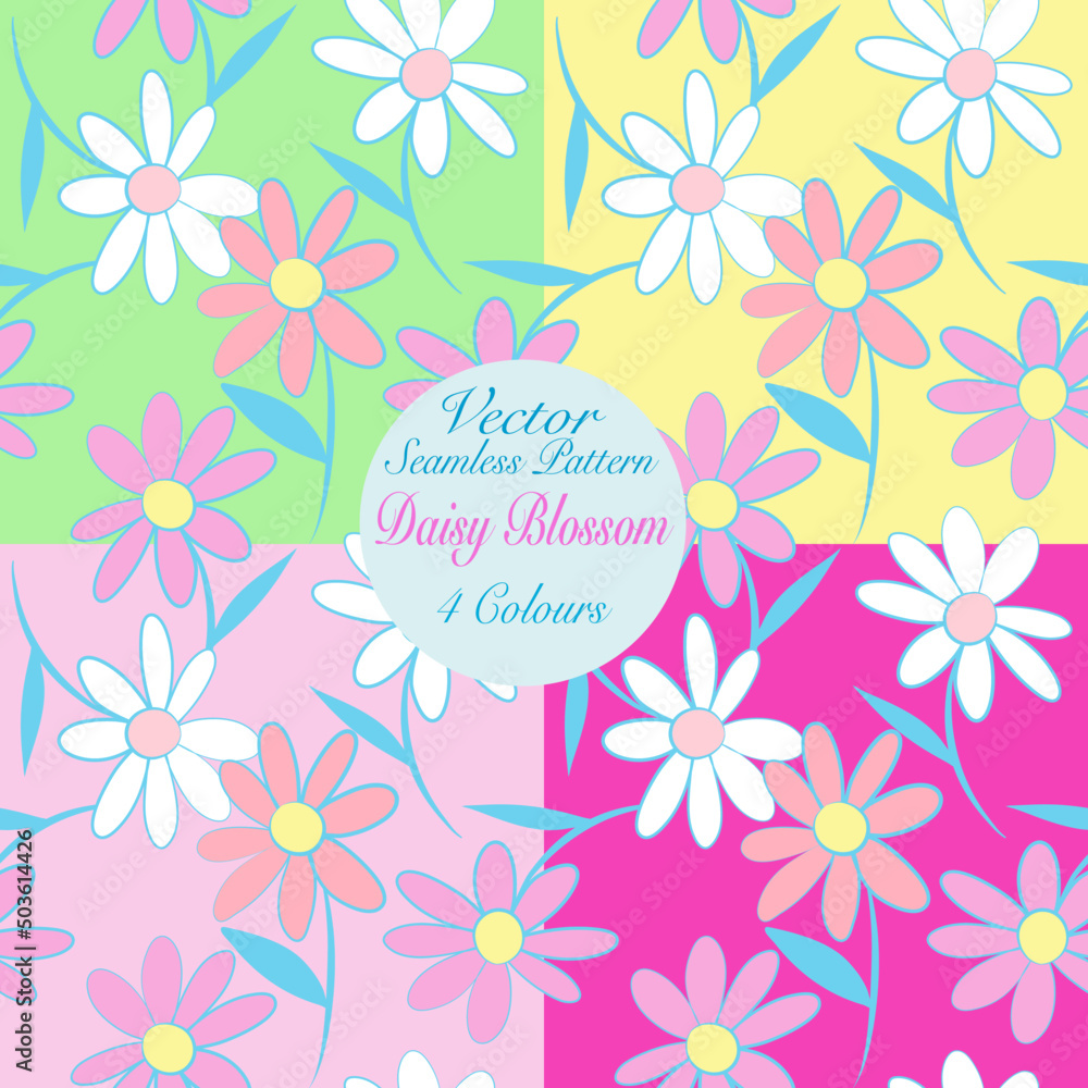 White pink daisy petal flower blossom vector seamless pattern, set of abstract flora illustration drawing on green yellow background for fashion fabric textiles printing, wallpaper and paper wrapping 