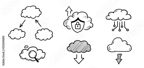 Doodle data server cloud set. Hand drawn sketch style cloud, arrow for internet database, digital storage concept. Vector illustration.