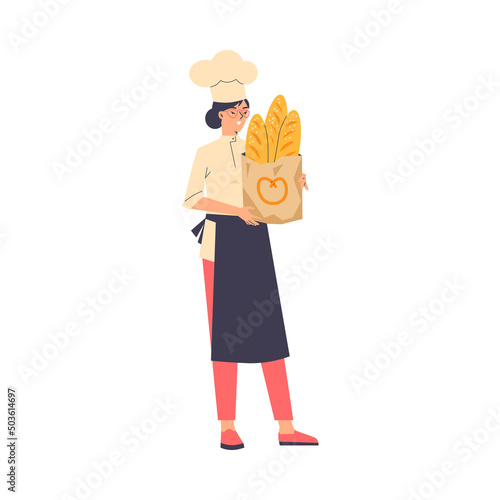 Woman baker holding paper bag with baguettes flat vector illustration isolated.