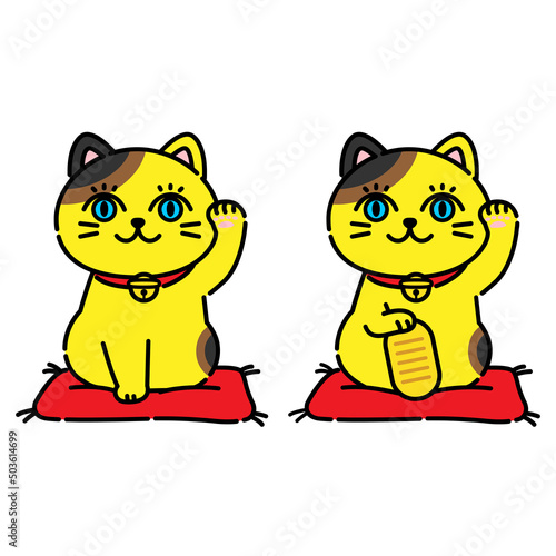 目力の強い黄色い招き猫のイラスト