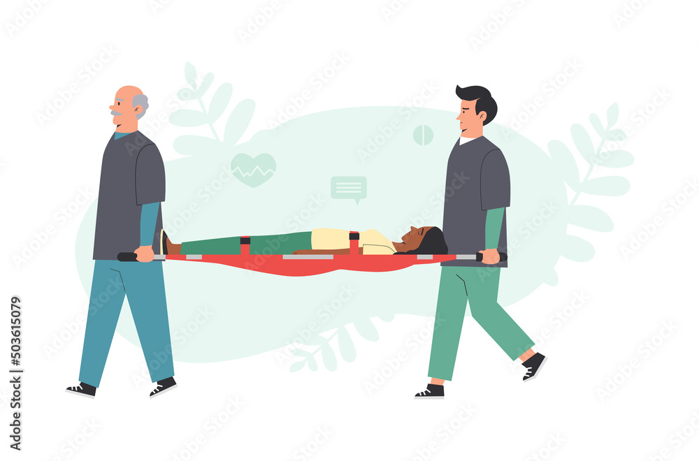 Fototapeta premium Ambulance paramedics carry an injured person, flat vector illustration isolated.