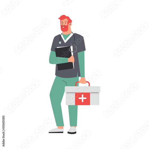 Paramedics or emergency rescue team doctor, flat vector illustration isolated.