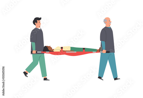 Emergency rescue team transporting patient on stretcher, flat vector isolated.