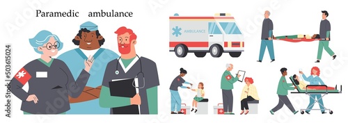 Paramedic ambulance emergency medical set, flat vector illustration isolated.