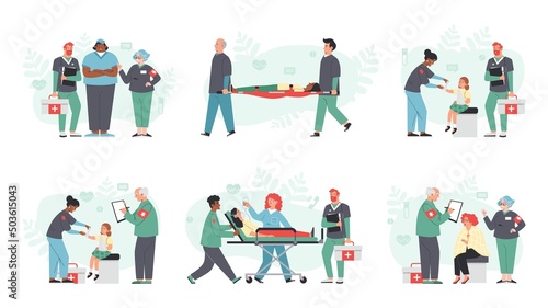 Ambulance paramedic medical staff set, flat vector illustration isolated.